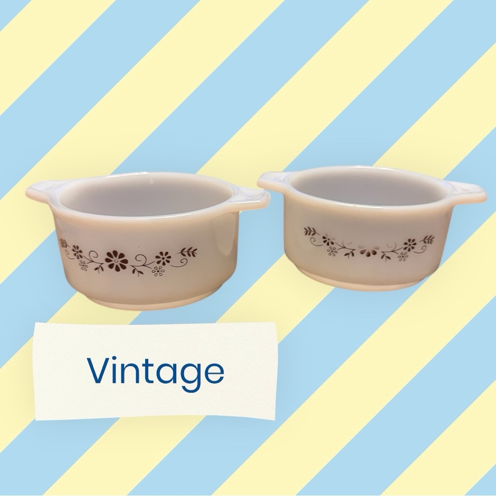2X Set Vintage Dynoware PYR-O-REY Milk Glass Brown Daisy Pattern Mini Casserole